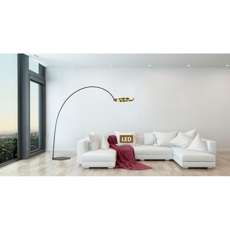Rushell 82'' Black LED Arched Floor Lamp with USB, Antique Satin Brass