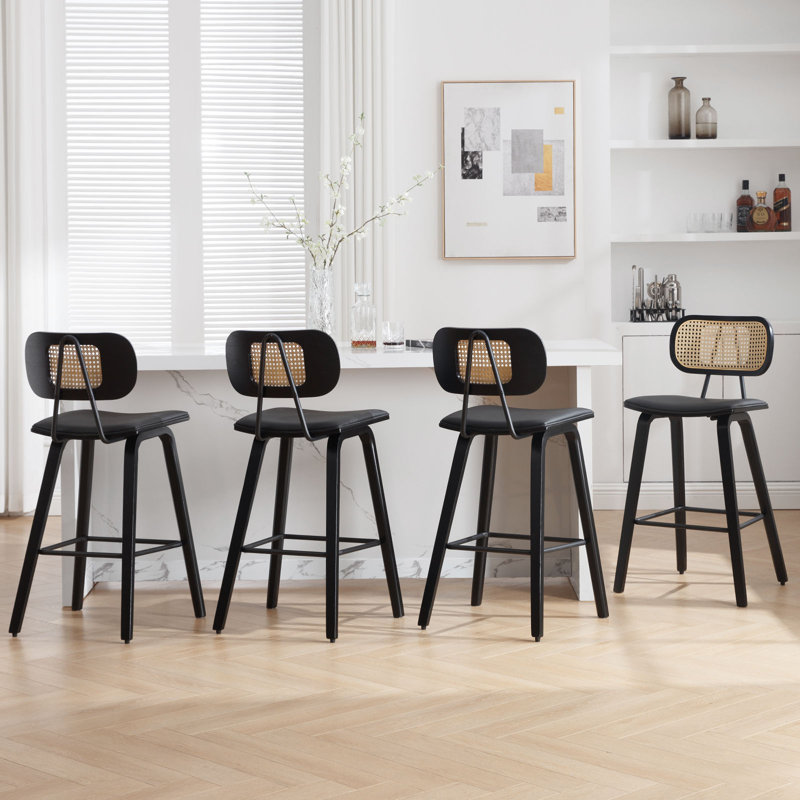 26" Upholstered Rattan Back Counter Height Bar Stools, 3, Black