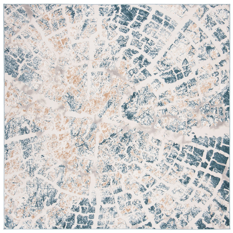 Tapis crème / bleu sarcelle, Carré 6 pi 7 po x 6 pi 7 po