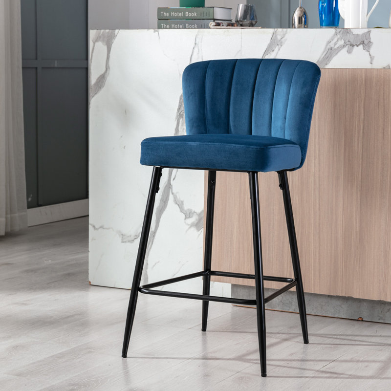 Lauterbach Upholstered Counter Stool with Metal Frame, Blue Velvet