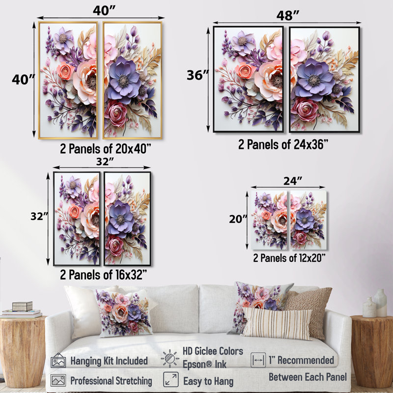 Delicate Florals, ensemble de 2 peintures murales traditionnelles sur toile, H 36 po x l 48 po, Brun