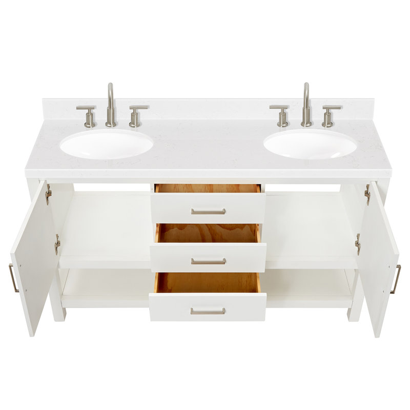 Meuble-lavabo double autoportant 60 po avec plateau en quartz Abby, Blanc