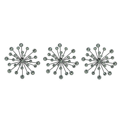 Mid-Century Modern black metal jeweled 3D atomic starburst wall sculpture set with silver and gold tones — 3 pieces, 10 inch diameter