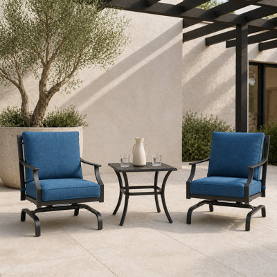 3‑Piece Outdoor Motion Patio Conversation Set, Steel Lounge Chairs with Thick Cushions & Slatted Side Table for Balcony Porch, Peacock Blue