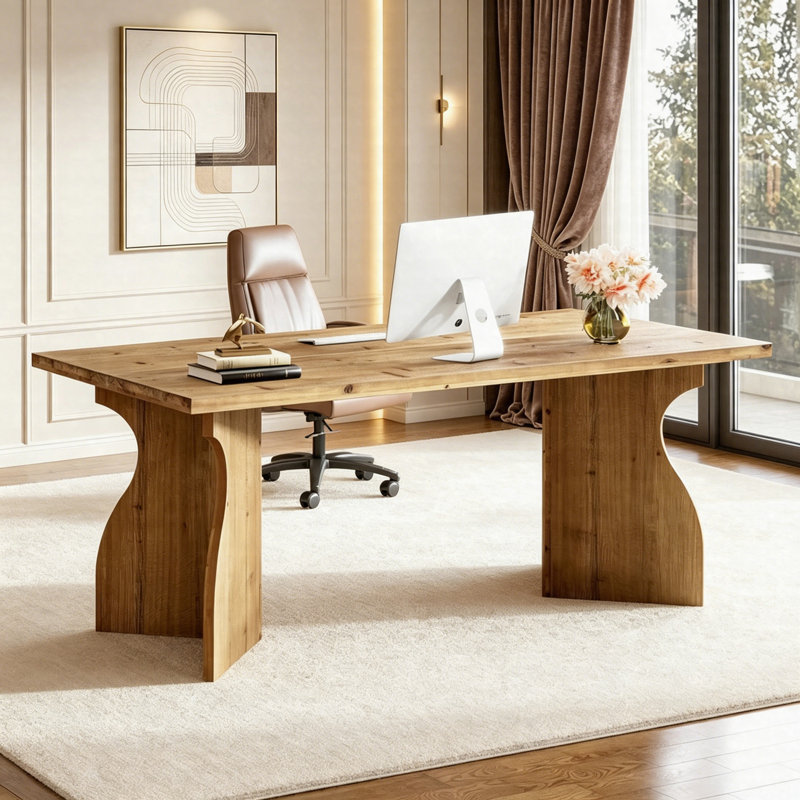 Solid Wood Executive Desk 63", Office Computer Desk With V-Shaped Legs