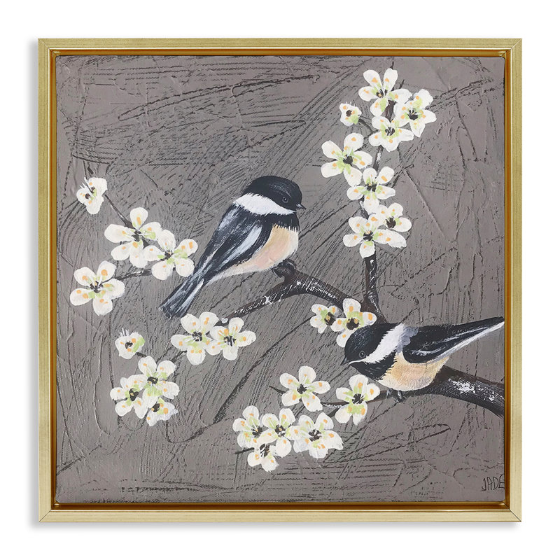 "Birds & Apple Blossoms", art mural sur toile par Jade Reynolds, H 18 po x l 18 po, Cadre flottant orme Montalcino
