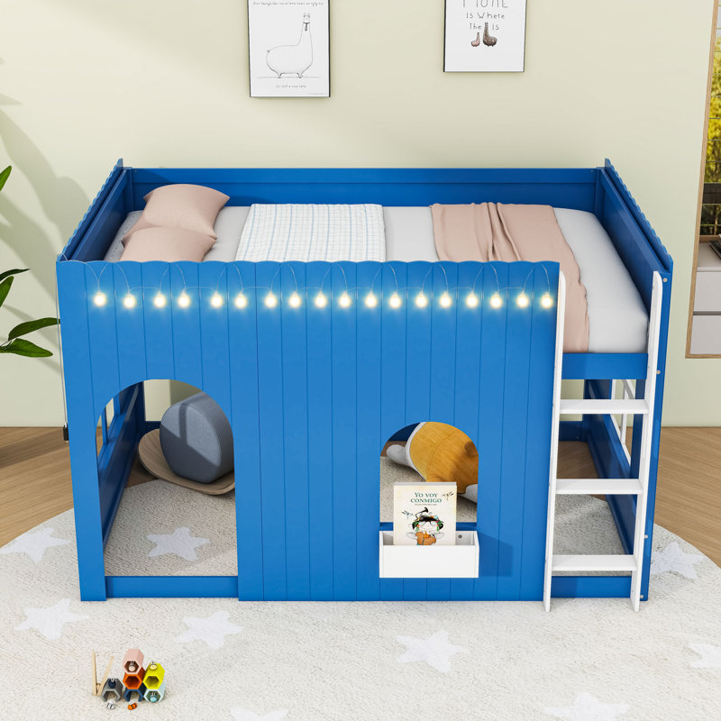 Lit mezzanine en bois avec guirlande lumineuse DEL intégrée, tablettes et garde-corps de sécurité, Bleu, Full