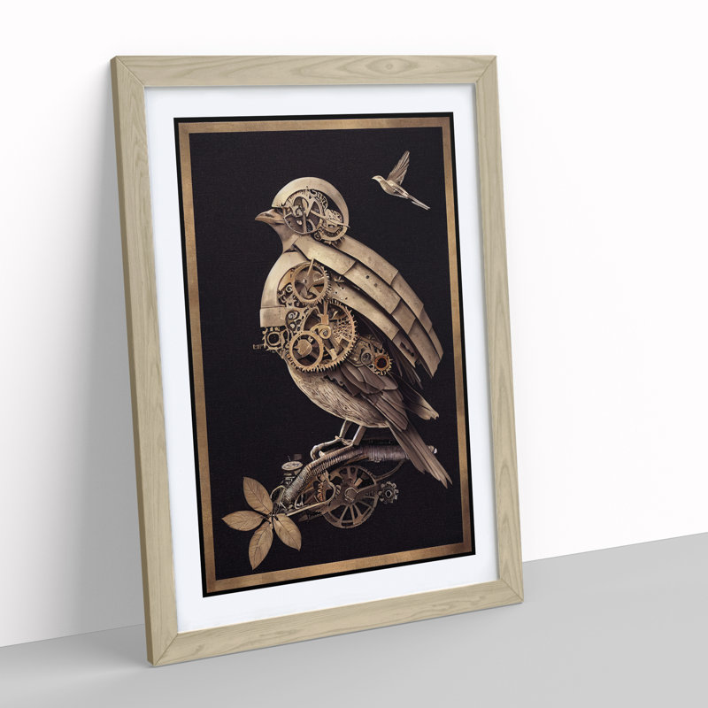 Steampunk Bird - Framed Print, 46cm H x 34cm W x 2cm D, Oak