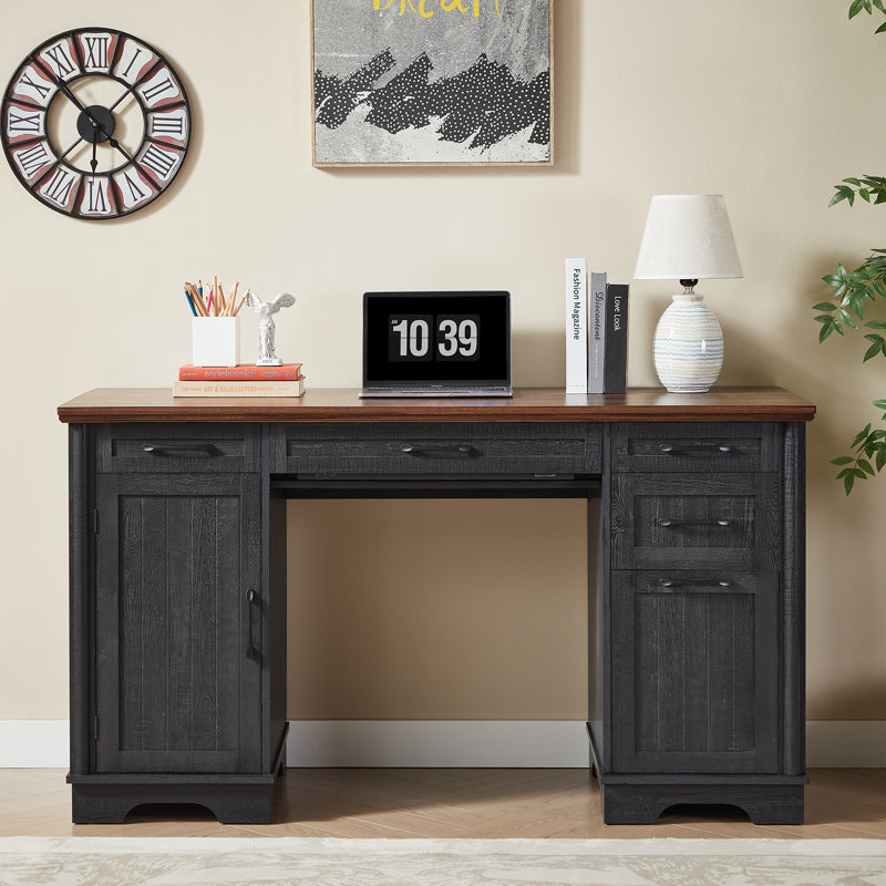 56'' Farmhouse Executive Desk With Drawers, File Cabinet and Power Outlets, Black