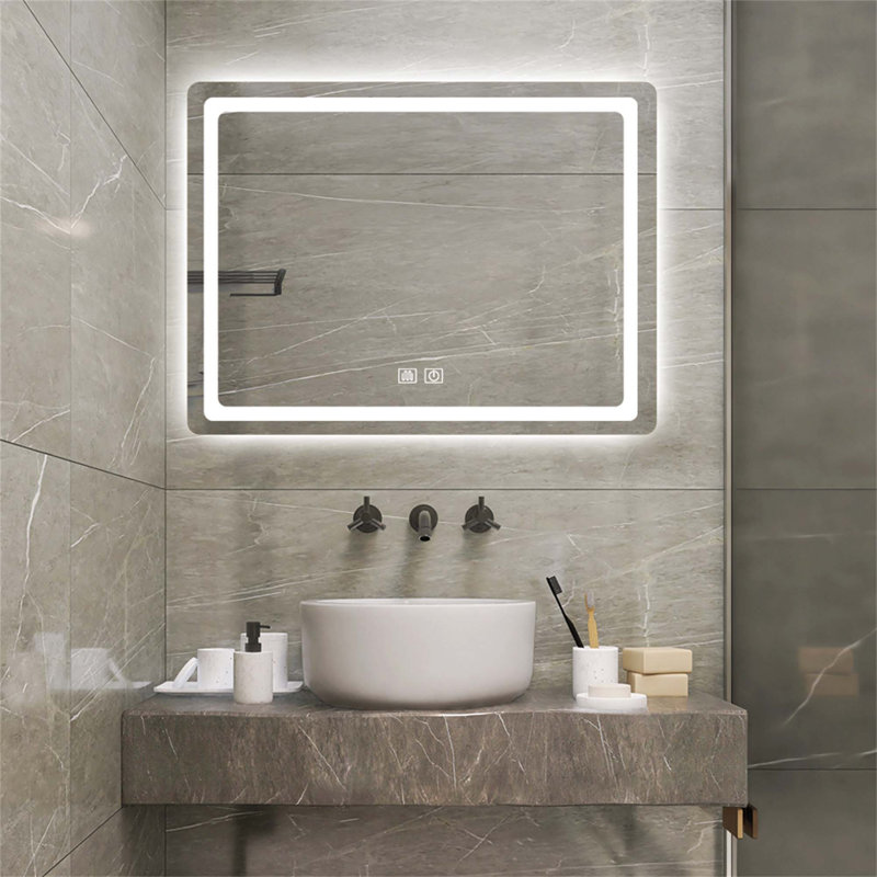 Miroir de salle de bain simple à DEL en cristal poli pour salle de bain, 29,53 po x 39,37 po, Transparent