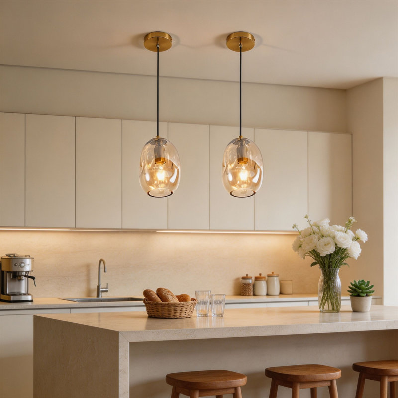 Suspension en verre ambré, luminaire suspendu moderne en verre doré en forme de larme avec cordon réglable, culot E26, pour îlot de cuisine, salle à manger, entrée.