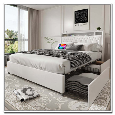 Cadre de grand lit avec tête de lit ergonomique, cadre de lit plateforme grand avec prises et chargeur,