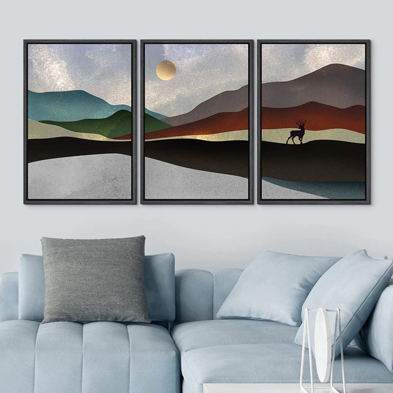 «Abstract Landscape Mountain Range Waves», peinture sur toile flottante 3 pièces, Cadre noir, H 24 po x l 48 po