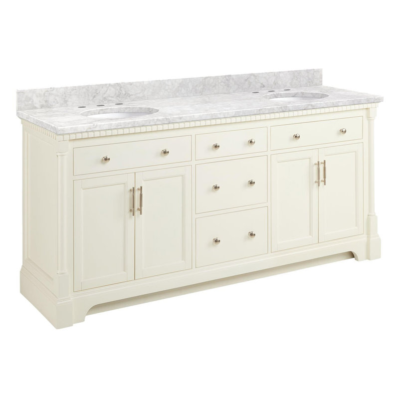 Claudia 72" Freestanding Mahogany Double Basin Vanity Set with Cabinet, Vanity Top, Carrara Marble, White, Brushed Nickel
