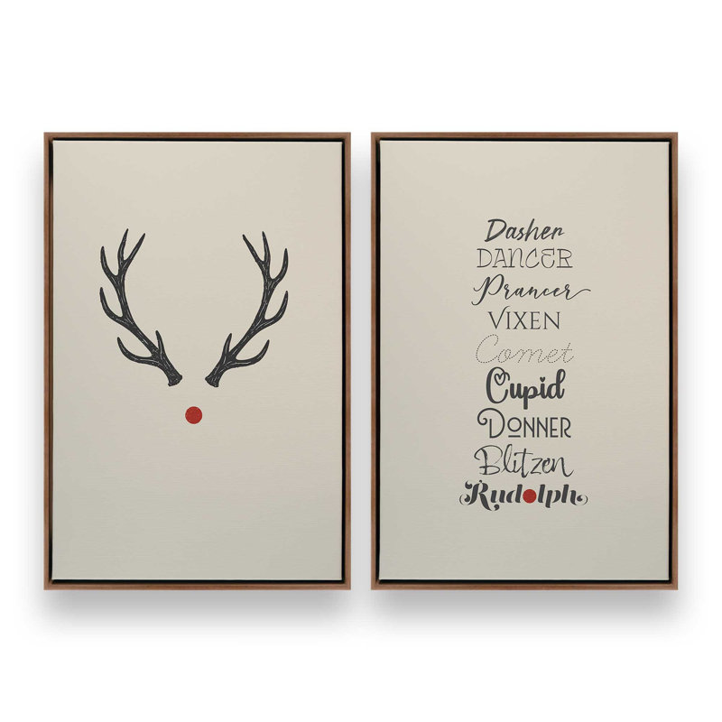 Reindeer Roll Call, ensemble de 2 impressions sur toile, H 12 po x l 18 po, Impression encadrée sans passe-partout, Noyer