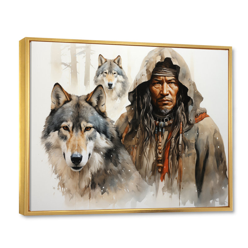 Native Art Spirits Of Wolf Framed On Canvas Print, H 12 po x l 20 po x P 1 po, Cadre flottant doré