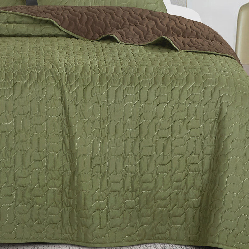 3-Piece Reversible Solid Olive Green & Brown Microfiber Bedspread Set – Quilted Polyester Bedding With Matching Shams,Queen