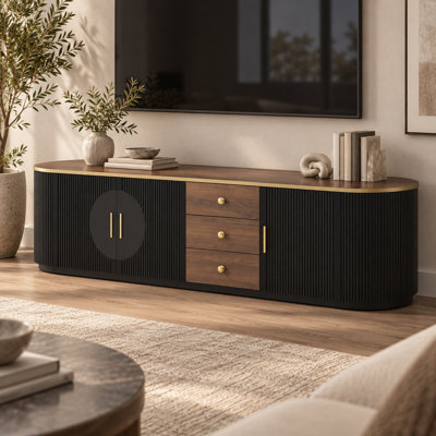 Meuble télé minimaliste moderne pour téléviseurs jusqu'à 80 pouces, centre multimédia de 70,8 pouces avec 3 tiroirs, 1 tablette et 2 placards.