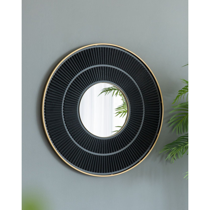 31.5X1x31.5" Round Carter Wooden Mirror With Iron Frame Neutral Colorway Wall Decor For Live Space, Golden Black
