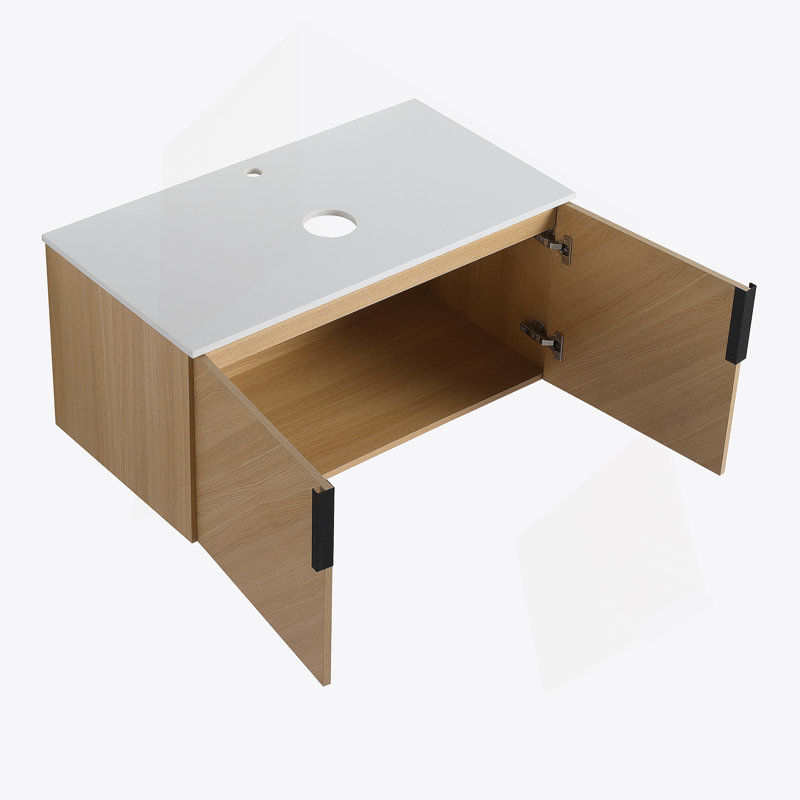 Meuble-lavabo mural avec dalle de pierre artificielle, portes à fermeture douce et fabrication durable pour un rangement facile et un décor de salle de bain élégant