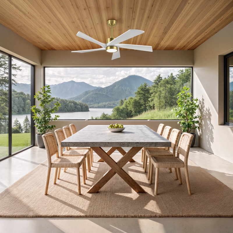 Ventilateur de plafond 5 lumières DEL transitionnel moderne en bois massif avec lumière à intensité variable et télécommande