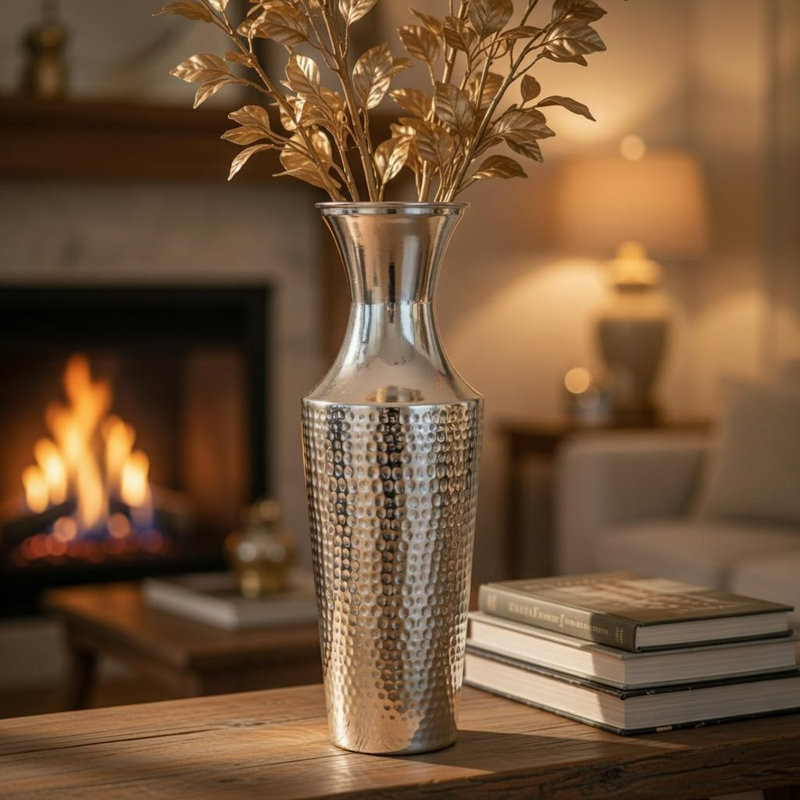 Vase de plancher en métal argenté de 18 pouces de hauteur. Idéal pour les fleurs séchées, cadeau pour arrangement floral, mariage, maison, spa, votive, bougies, jardins, P9