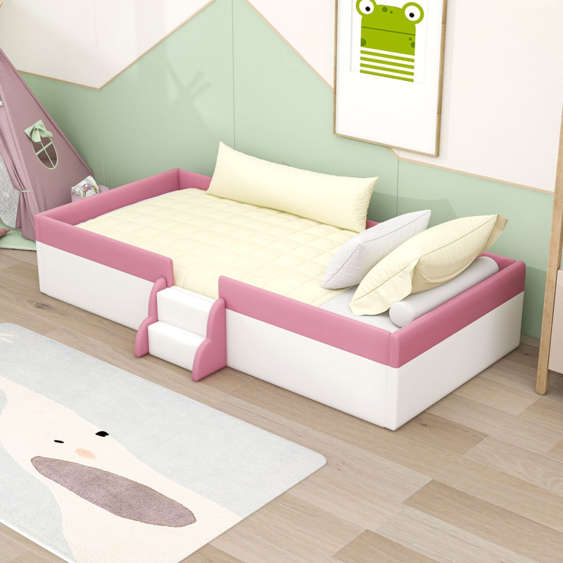 Upholstered Daybed with Staircase and Safety Fence, Twin, White Pink