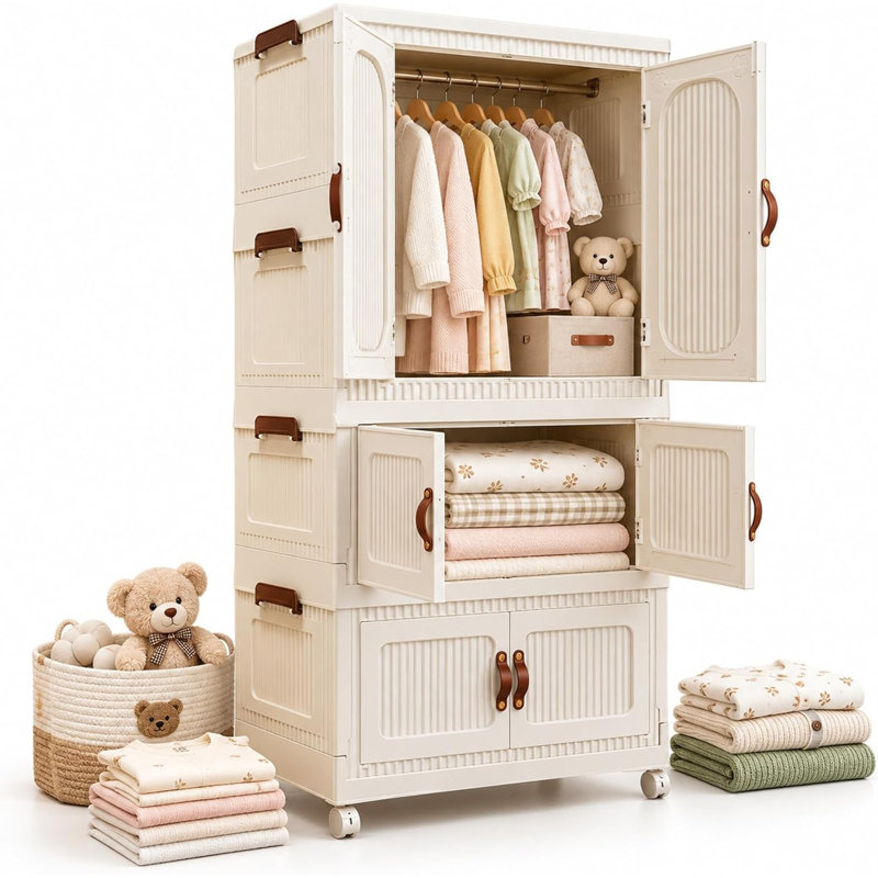 Portable Wardrobe for Kids,Plastic Foldable Closet with Wheels