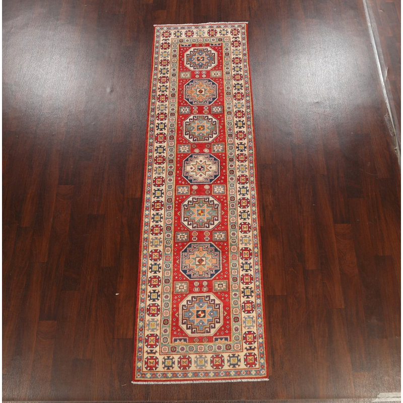 Tapis de couloir rouge en laine noué à la main de conception unique 2 pi 9 po x 9 pi 9 po New Age