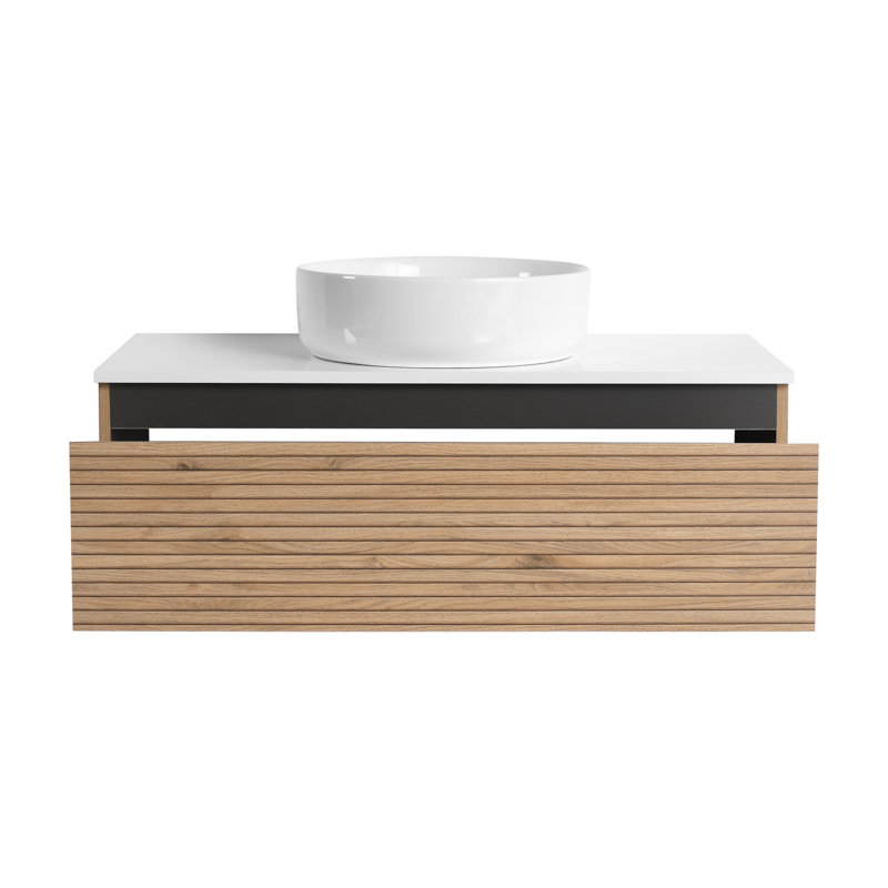 Stylish Wall-mounted Vanity Cabinet With Ceramic Sink, Light Coffee Finish
