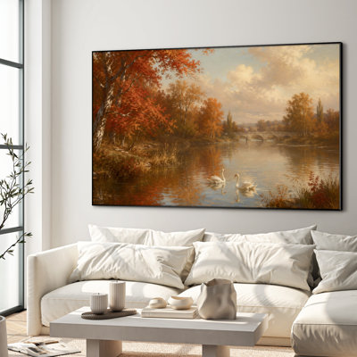 Très grand reproduction d'art sur toile - Paysage de rivière d'automne avec des cygnes, des arbres et un pont, vue panoramique sur le décor naturel pour le salon ou la chambre à coucher «Assemblage requis (cadre non fini)»