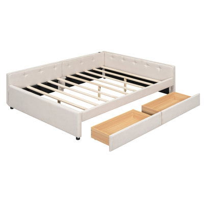 Upholstered Platform Bed with USB and 2 Drawers, Beige
