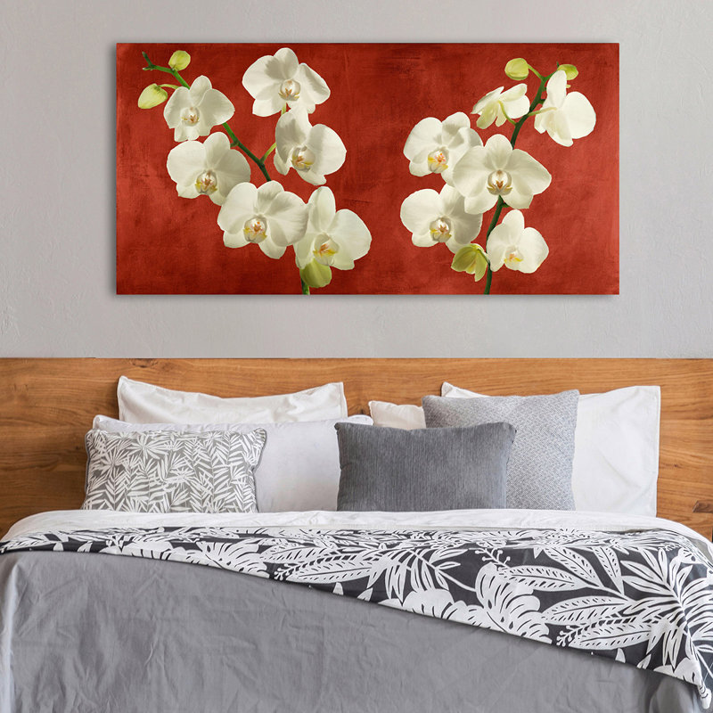 Orchids on Red Background by Andrea Antinori - Wrapped Canvas Painting, 35cm H x 70cm W x 4cm D