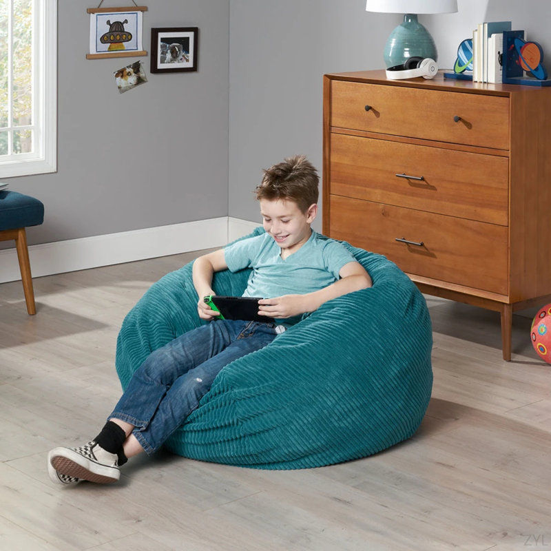 Fauteuil à billes Kenli, Velours côtelé bleu sarcelle
