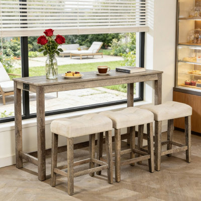 Ensemble de table de bar moderne 4 pièces avec prise de courant, 3 tabourets rembourrés pour coin-repas