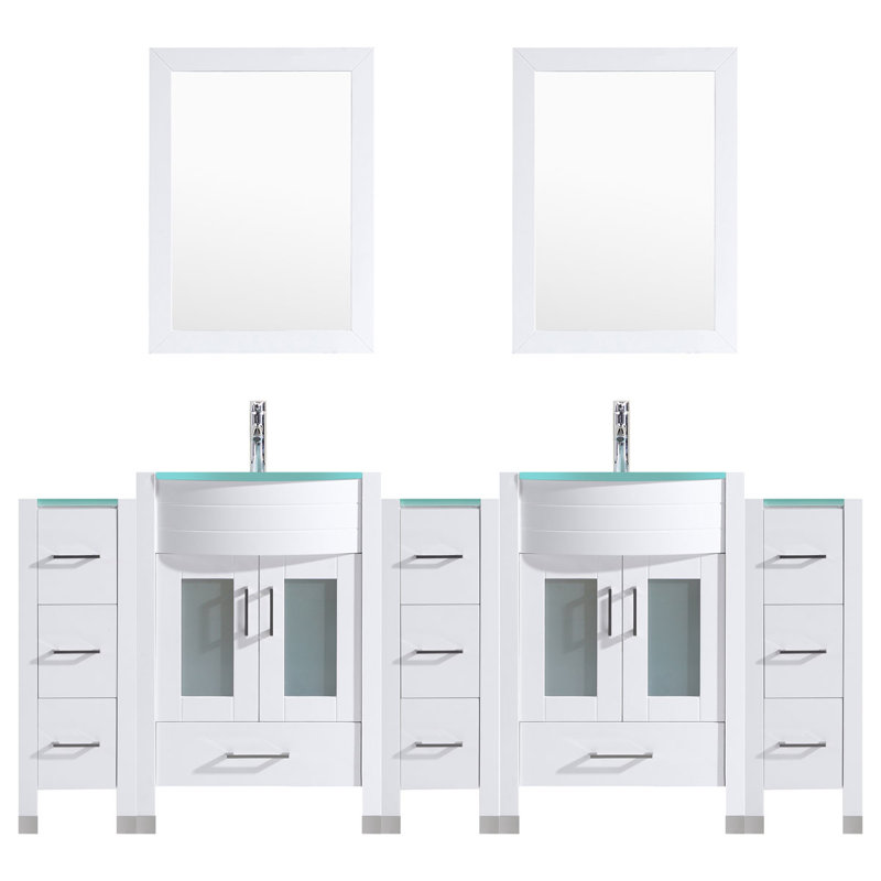 Marguez 96 " W Freestanding Standard Free Standing Single Double Vanity Bathroom Vanity With Glass Top with Mirror, White