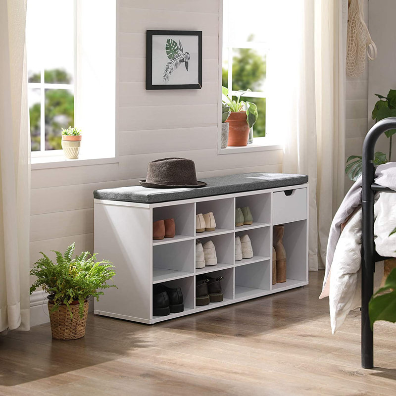 10 Pair Shoe Storage Bench With Drawer, White/Gray