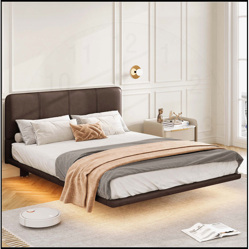 Structure de lit flottante moderne en cuir synthétique avec lumière DEL, aucun sommier requis, assemblage facile, grand, Café