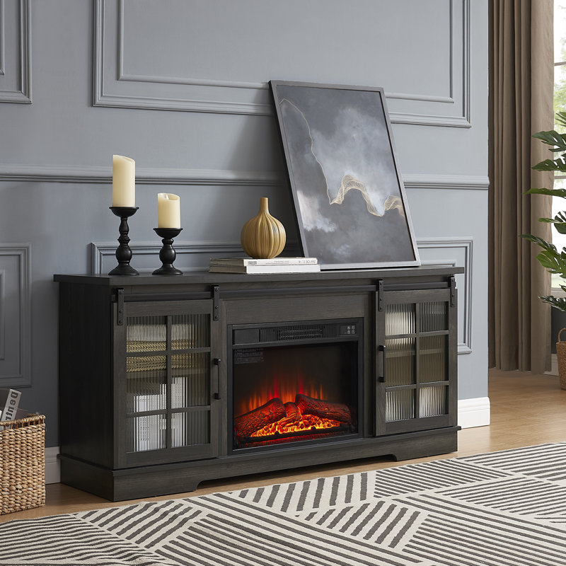 59" Modern Industrial Tv Stand With 23" Electric Fireplace，glass Door Cabinets For Living Room, Dark Brown