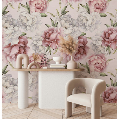 Papier peint floral pivoine rosée sur fond crème clair