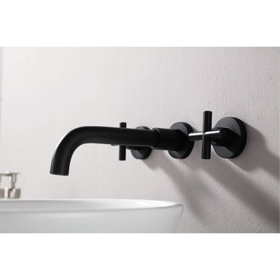 Robinet de salle de bain mural noir mat avec poignées doubles - Rouille, corrosion, égratignures, ternissures et taches 1,5 GPM de hauteur, bec de 8 po, portée de 7 po, plaque de centre de 3 po, trop-plein