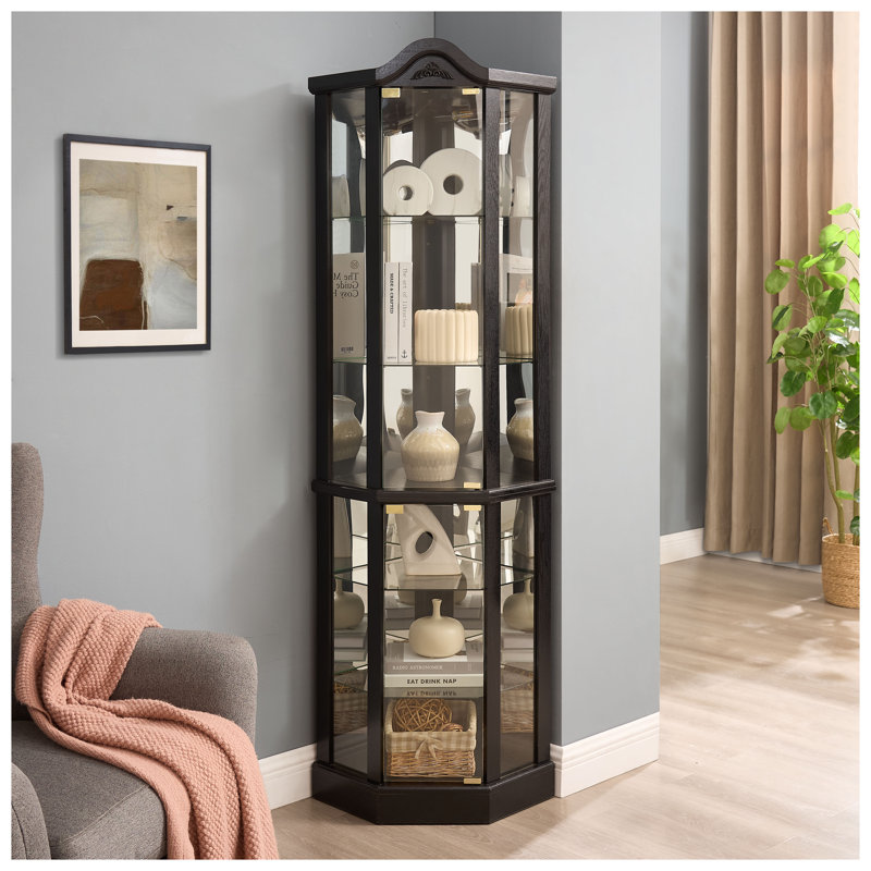 Vitrine de coin noire éclairée avec éclairage DEL, tablettes en verre réglables et décorations sculptées - Vitrine élégante en verre pour objets de collection pour la maison et le bureau