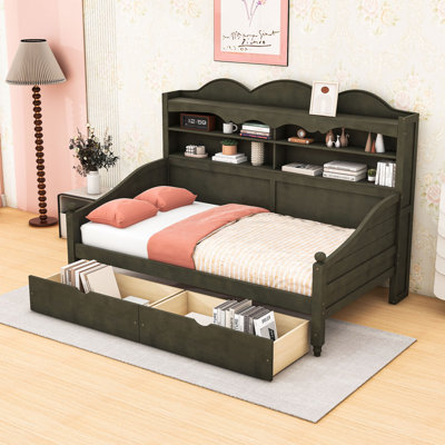 Lit de jour simple en bois avec tiroirs de rangement et tablettes intégrées