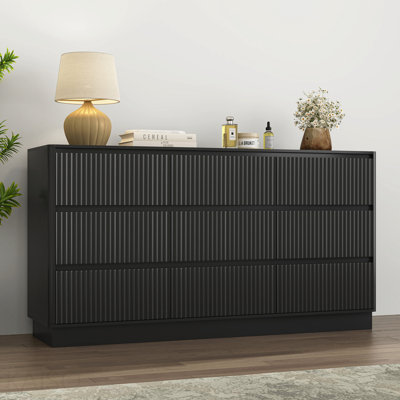 Commode 9 tiroirs pour chambre à coucher avec grands tiroirs, commode en bois, grande commode de plancher, meuble télé long et moderne, table d'appoint avec rangement Mid-Century, noir