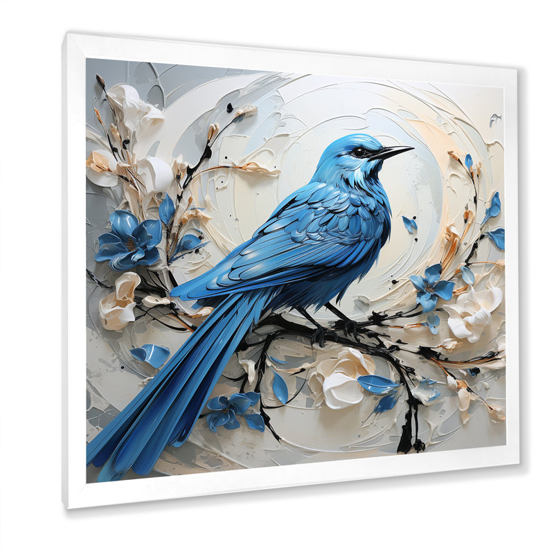 Oiseau bleu minimalisme blanc et fleurs bleues, reproduction sur toile, H 36 po x l 36 po x P 1,5 po, Blanc
