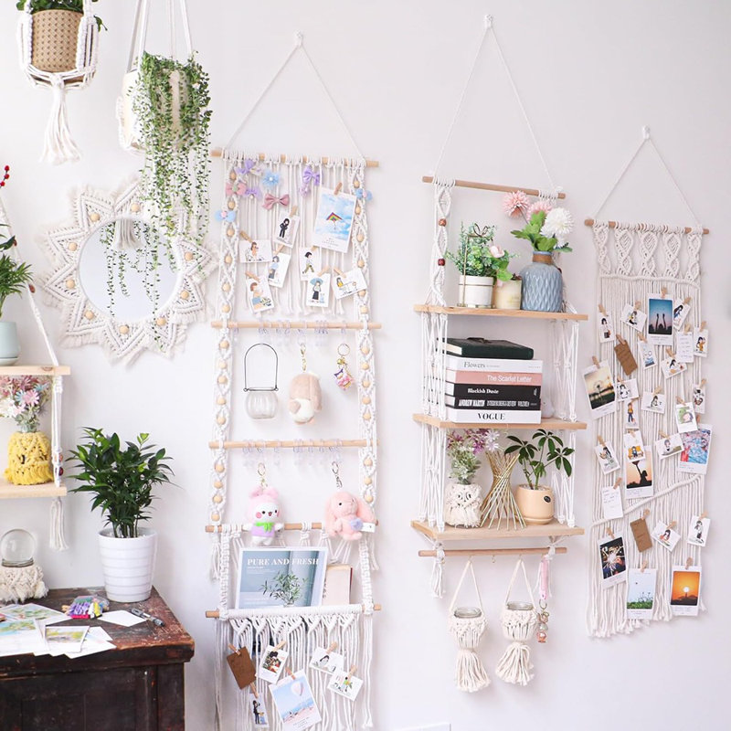 Wall Hanging Shelves Macrame Boho Floating Plant & Photo Storage Rack