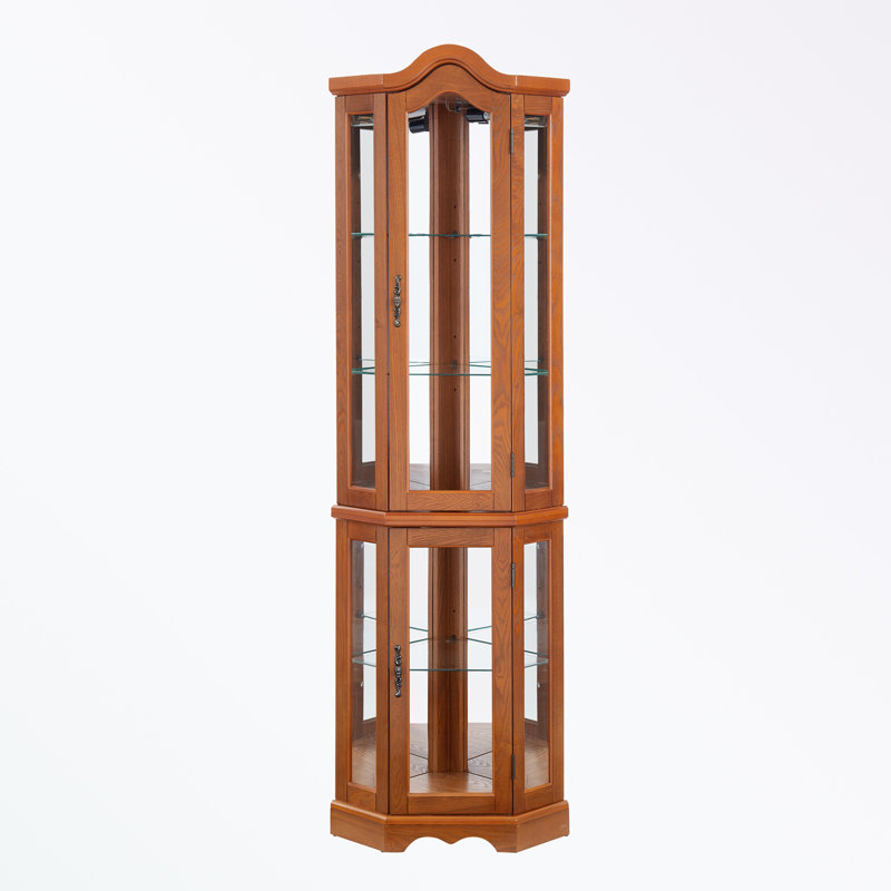 Corner Lighted Cabinet with Glass Doors and 3 Shelves, Oak