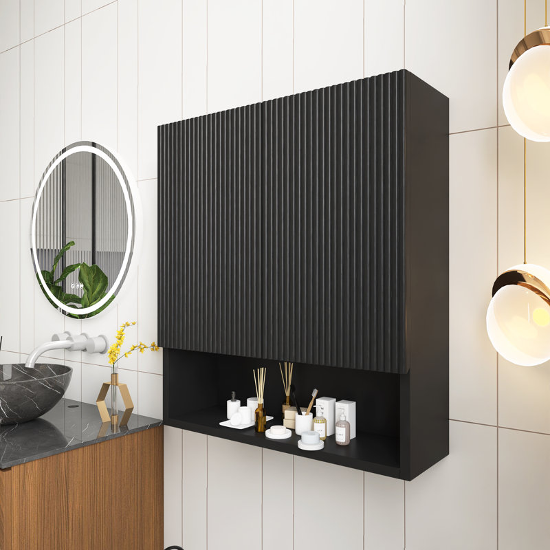 26"  Wall Mounted With 2 Door ,Shelves And Open Storage Compartment Bathroom Storage Cabinet In Black