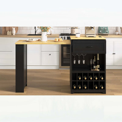 Extendable Counter Table with Wheels, Built-in Power Outlet, and Double-Sided Drawers for Kitchen & Home Bar