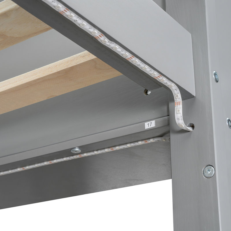 Lit mezzanine simple gris avec bureau, éclairage à DEL, support multicolore et support suspendu